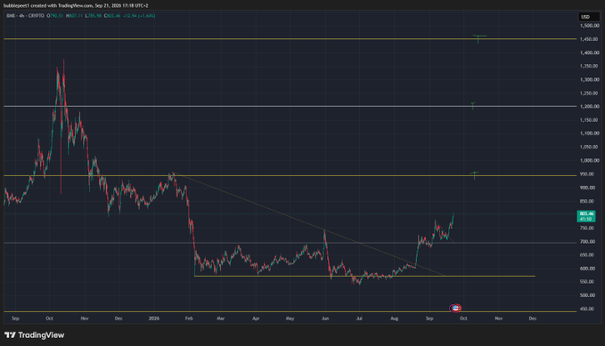 TradingView chart showing BNB/USDT pair with current price around $889.46, displaying a significant downtrend from highs near $1,400 to lows around $550 in early 2026.