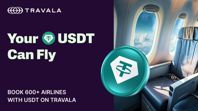 A promotional image for Travala showing an airplane cabin interior alongside text reading "Your USDT Can Fly" and "Book 600+ airlines with USDT on Travala," featuring a prominent USDT logo medallion—visually reinforcing the post's message about using Tether's stablecoin to book flights on over 600 airlines globally.