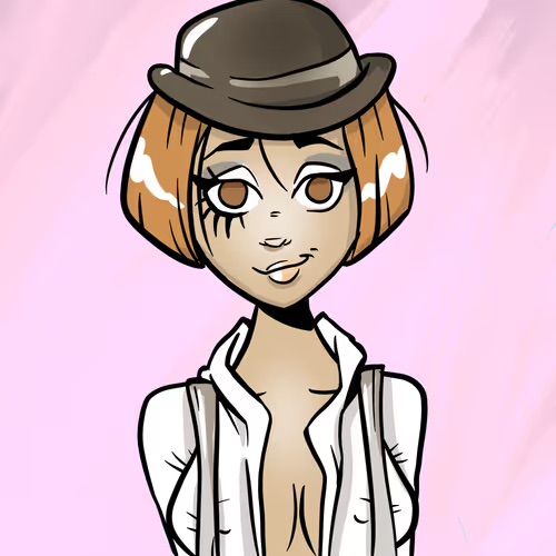 A digital illustration of a stylized female character with short auburn hair, wearing a brown bowler hat and a low-cut white button-up shirt against a pink background.