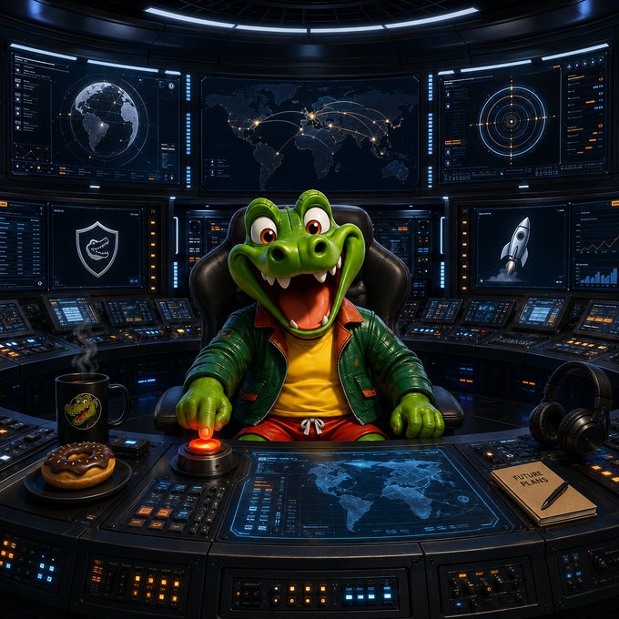 A cartoon crocodile wearing a green jacket and red shorts sits at a high-tech mission control console, pressing a red button with maps, screens, and a chocolate donut on the desk.
