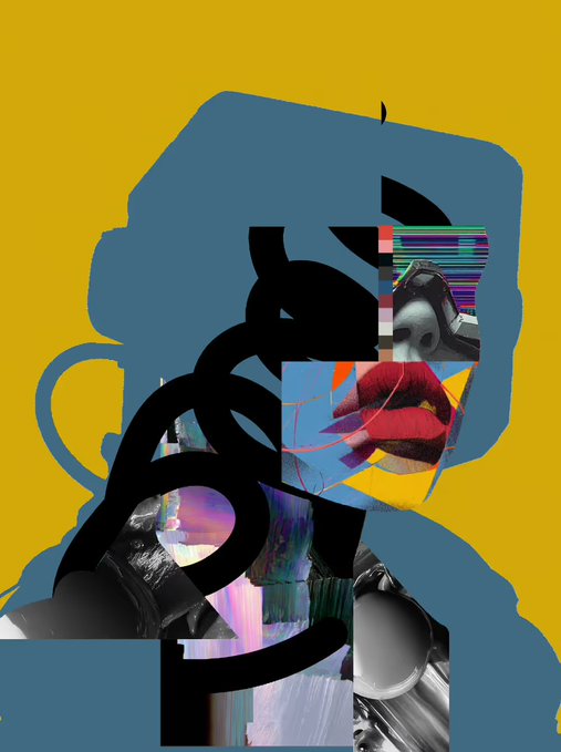 A glitch-art style digital collage featuring a large black dollar sign overlapping fragmented images, including red lips, eyes, and mechanical parts, set against a blue silhouette on a yellow background.