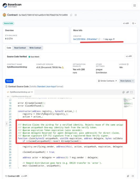 The image shows an error message with a red circle around it, indicating that there might be an issue with the code or the application. The text within the red circle suggests that the code has been deployed recently, possibly as part of a smart contract deployment process. The code is written in a programming language and appears to be related to the post about SybilResistantAirdrop Deployed: 1 day ago.