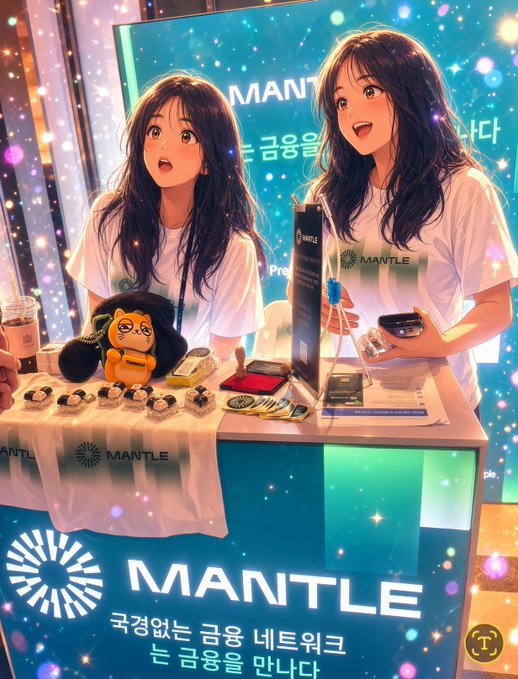 An anime-style illustration of two young women at a "MANTLE" promotional booth, with a plush toy character on the counter and Korean text below the MANTLE logo.