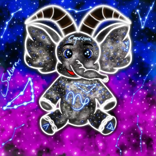 The image features a cute stuffed animal elephant with blue eyes and brown horns sitting against a purple backdrop, surrounded by stars and planets. The caption of the image reads "Good night What is your zodiac sign? Featuring the Capricorn one #StylishBabyElephants".