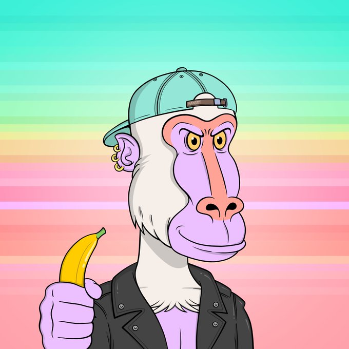 A cartoon purple monkey wearing a teal cap and black leather jacket holds a banana against a pastel striped background.