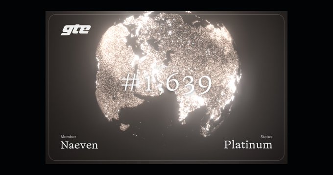 A digital membership card from GTE displays the member name "Renalta" with Platinum status, featuring a world map graphic and a member ID number, alongside a "Request Invitation" button. The image relates to the post about GTE's team, as the card represents their exclusive members-only platform that the post references when discussing their pivot from MegaETH to building their own L1 chain.