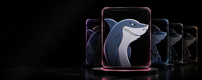 A lineup of illuminated glass cases, each displaying a menacing cartoon shark, showcases the "SHRKS_HQ" branding referenced in the post about 30 guaranteed spots at shrks.net/apply.