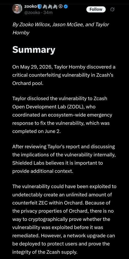 The image shows a phone screen with a social media app called Twitter displayed. On the right side of the image, there is text posted by Zooko, stating "It's not a complete surprise that an exploit could have happened" or some variation of that sentiment. The focus of the post is on acknowledging and reacting to a vulnerability in their supply chain rather than providing a technical explanation for how it occurred. This message may serve as a response to the fact that there is no concrete evidence suggesting whether an exploit took place or not, given what was stated by Zooko regarding "unfortunately created an unlimited amount of ... without any proof..."