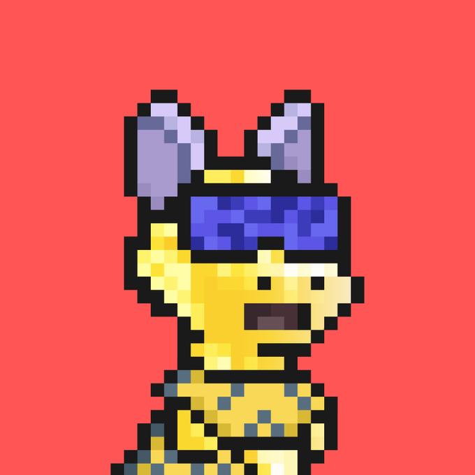 Pixel art image of a yellow dog character wearing a purple headband and leopard-print bottoms on a red background.