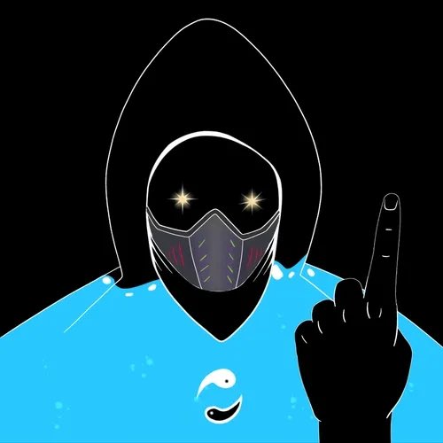 A digital illustration features a hooded figure in a blue hoodie wearing a black and purple mask with glowing star eyes, holding up a middle finger.