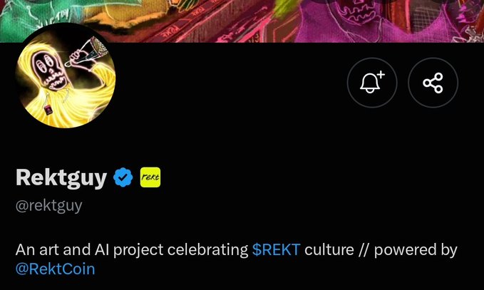 A screenshot of the verified Twitter/X profile for "Rektguy" (@rektguy) with handle @RektCoin, featuring a yellow skeleton avatar and bio describing it as "An art and AI project celebrating $REKT culture." The image shows the partner account collaborating with Matrix on their "Rekt Tradors" NFT mint announcement.
