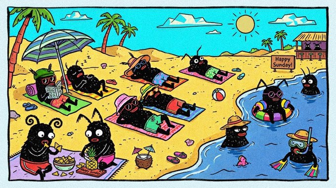 A colorful cartoon scene depicts DegenBugs—black, stylized bug-like characters with large eyes—enjoying a sunny beach day, sunbathing under umbrellas, floating in the water with a rainbow ring, and snacking on fruit, while a sign reads "Happy Sunday!" perfectly matching the "Gm Sunday is beachday for DegenBugsLFG!" post.