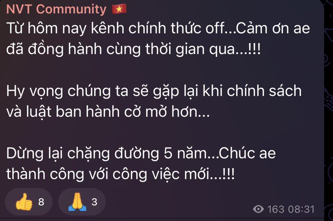 A Telegram post from 'NVT Community' in Vietnamese announcing a channel is going offline, thanking members for their support and hoping to meet again.