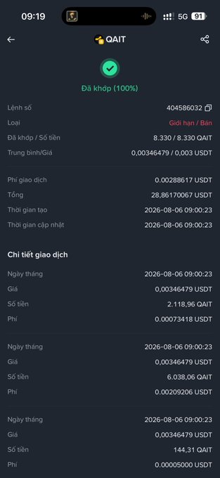 A Vietnamese crypto transaction confirmation screen for GAIT token showing a 100% success rate, transaction hash 404586032, and multiple swap transactions dated 2026-08-06 with detailed fees, prices, and token amounts.
