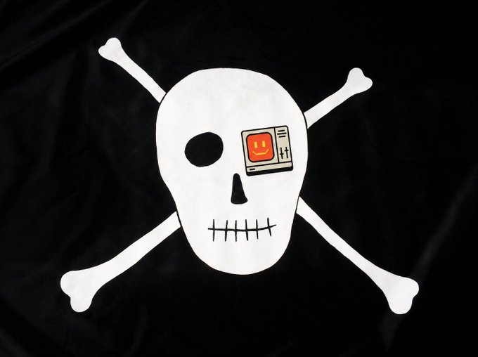 The image features a black background with a white skull and crossbones design, which includes an eye patch and a small computer chip attached to its forehead. The text "I am trying to buy a boat to live on this year" is written below the skull, suggesting that someone has posted about their desire to purchase a boat for the upcoming year.