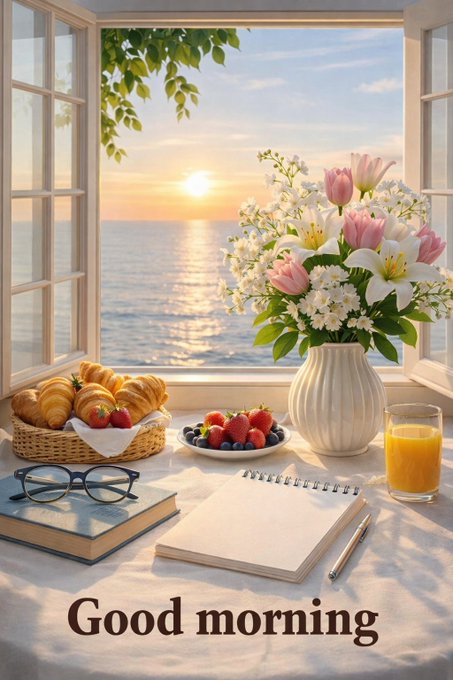 A still-life image of a breakfast scene on a windowsill overlooking a sunrise over the ocean, featuring croissants, strawberries, orange juice, a floral arrangement, reading glasses, and a notebook with the text "Good morning" at the bottom.