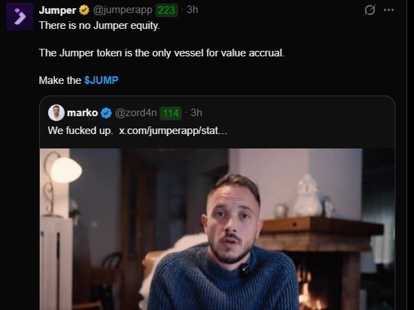 A screenshot of a tweet from @jumperapp stating "There is no Jumper equity" and "The Jumper token is the only vessel for value accrual," quoting a post from @zord4n that reads "We fucked up." The image accompanies an announcement of the JUMP public sale on September 29, reinforcing the message that the $JUMP token is the project's sole value vehicle following the referenced misstep.