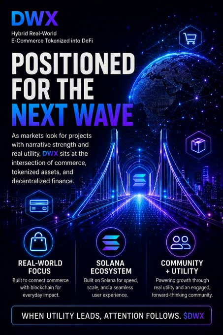 A promotional graphic for the "DWX" cryptocurrency token, featuring a futuristic bridge and globe imagery with the tagline "POSITIONED FOR THE NEXT WAVE" and pillars like "REAL-WORLD FOCUS," "SOLANA ECOSYSTEM," and "COMMUNITY + UTILITY," closing with "WHEN UTILITY LEADS, ATTENTION FOLLOWS. $DWX." This aligns with the post's enthusiastic endorsement of DWX and references the token's Solana contract address (ending in "pump"), reinforcing the call to hold the $DWX token.