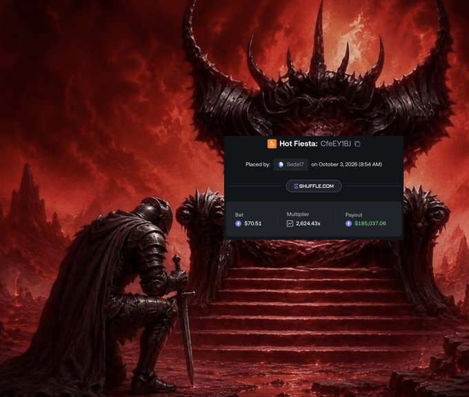 A dark fantasy digital artwork featuring a knight before a horned throne, overlaid with a Shuffle.com betting slip showing a $70.51 bet on Hot Fiesta by user CTeEY1BJ with a 2,624.43x multiplier.
