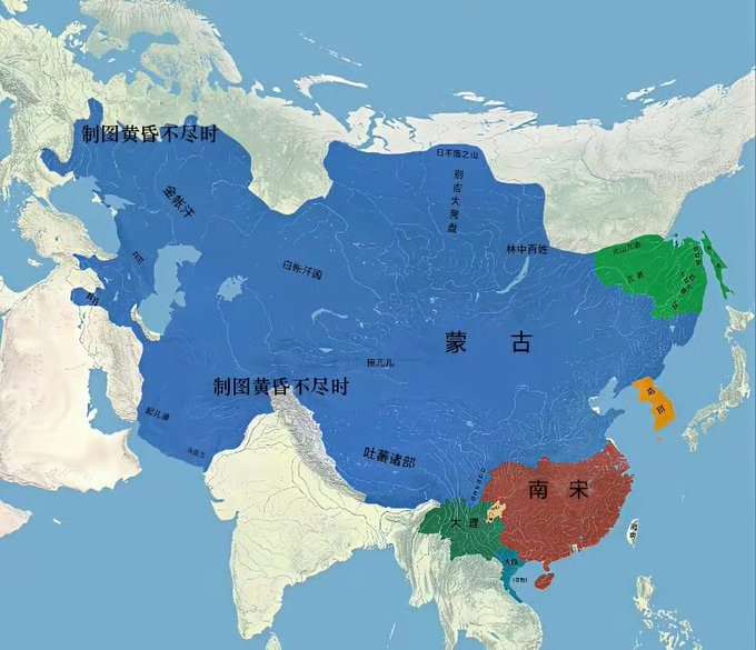 A historical map shows the Mongol Empire and Southern Song Dynasty in East Asia, with the Mongolian-controlled region highlighted in dark blue.