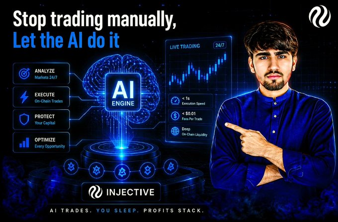 A promotional ad for Injective reading 'Stop trading manually, Let the AI do it,' featuring a man pointing at an 'AI Engine' graphic with features like ANALYZE, EXECUTE, PROTECT, and OPTIMIZE, tagged 'AI TRADES. YOU SLEEP. PROFITS STACK.'