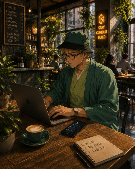 Anime-style illustration of a young man in a green hat and robe working on a laptop at a coffee shop, with a Bitcoin-themed 'Stay Curious Build' neon sign, coffee menu board, and a checklist notebook showing 'Focus,' 'Research,' 'Execute.'