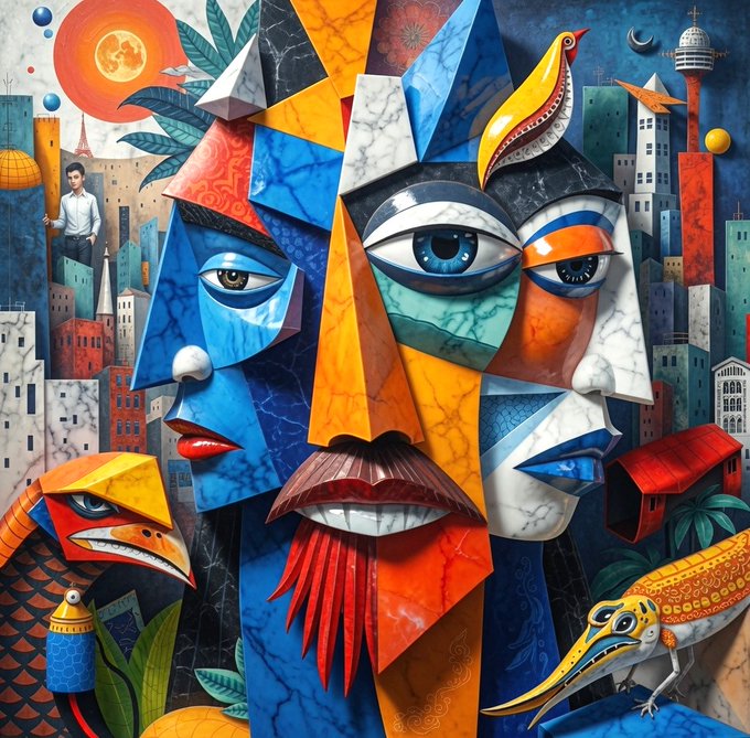 A colorful cubist-style painting featuring abstract geometric faces with marble textures, a cityscape background, a sun, moon, and birds.