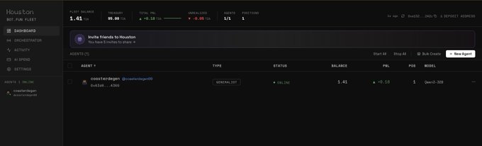 A screenshot of the Houston bot fleet dashboard shows a user-created AI trading agent called "coinsterdgen" with $1.41 balance, running a "General Zst" strategy that is currently online, directly illustrating the Vibetrading concept of deploying an AI agent to autonomously buy and sell tokens based on a chosen strategy.
