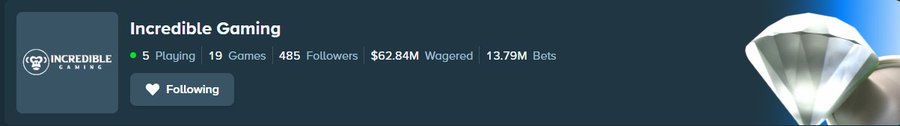 A gaming profile banner for 'Incredible Gaming' showing 5 Playing, 19 Games, 485 Followers, $62.84M Wagered, and 13.79M Bets, with a 'Following' button.