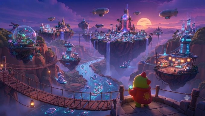 A vibrant fantasy digital artwork showing a small red and yellow character on a wooden balcony overlooking a magical floating city with castles, airships, glowing rivers, and a sunset sky.