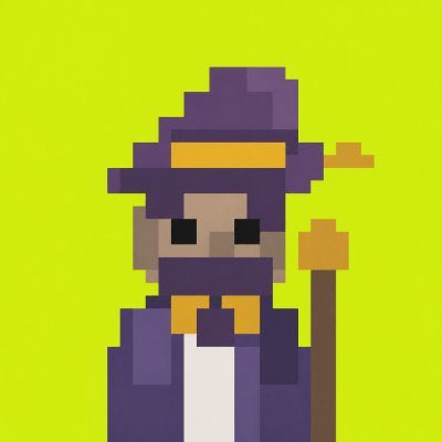 A pixel art character of an older man with a purple hat and beard, holding a staff against a bright green background.