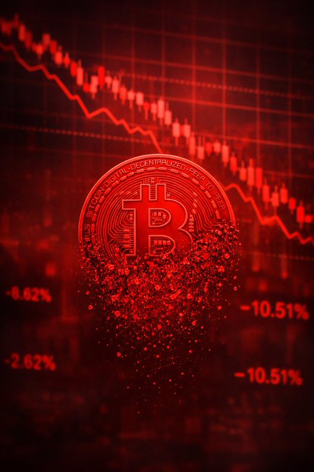 A red-toned digital illustration shows a Bitcoin coin appearing to crumble and dissolve into particles, set against a downward-sloping candlestick chart displaying steep losses marked "-5.62%" and "-10.51%." The image visually reinforces the news of Strategy's Bitcoin sell-off, depicting the cryptocurrency's collapse as the company realized a $93.1M loss at an average price of $62,146.