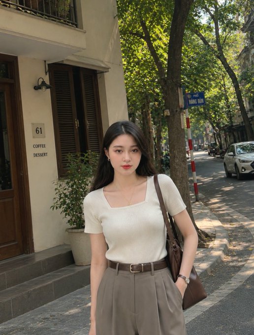 A young woman with long dark hair poses on a city street, wearing a cream-colored square-neck top, taupe belted pants, and carrying a brown leather shoulder bag.