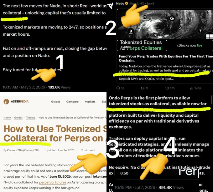 A collage of four highlighted screenshots showing Nado's announcements: (1) a May 22 post teasing "Real-world assets as collateral," (2) a June 3 Nado tweet introducing "Perps Collateral" with xStocks, (3) an AsterPedia article on "How to Use Tokenized Stocks as Collateral for Perps," and (4) a July 7 Ondo Perps announcement claiming to be "the first platform to allow tokenized stocks as collateral."