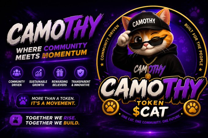 A promotional banner for the CAMOTHY TOKEN ($CAT) featuring a cartoon cat wearing sunglasses and a cap, with text reading 'WHERE COMMUNITY MEETS MOMENTUM' and 'MORE THAN A TOKEN. IT'S A MOVEMENT.'