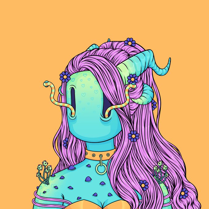 A colorful digital illustration of a blue-skinned fantasy character with long purple hair, horns, and flowers, with eyes closed against an orange background.