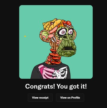 A digital trading card featuring a grotesque cartoon character with an exposed brain against a teal background, with text reading 'Congrats! You got it!' and buttons for 'View receipt' and 'View on Profile'.