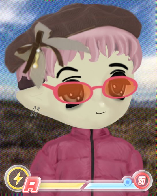 A screenshot from a video game features a stylized character with pink hair, a brown hat with a bow, pink sunglasses, and a pink puffer jacket, with a health bar and 'A' button prompt at the bottom of the screen.