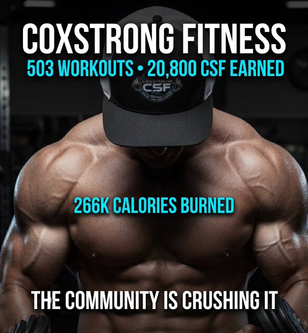 A promotional fitness image showing a muscular shirtless man in a cap, advertising 'COXSTRONG FITNESS' with stats including '503 WORKOUTS', '20,800 CSF EARNED', and '266K CALORIES BURNED', alongside the text 'THE COMMUNITY IS CRUSHING IT'.