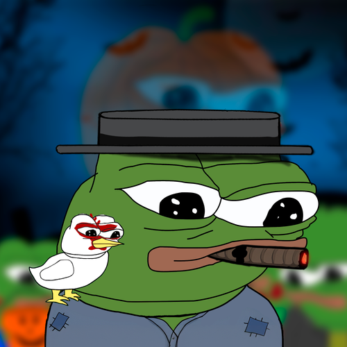 A cartoon illustration of a green Pepe the Frog character wearing a hat and smoking a cigar, accompanied by a small white bird.