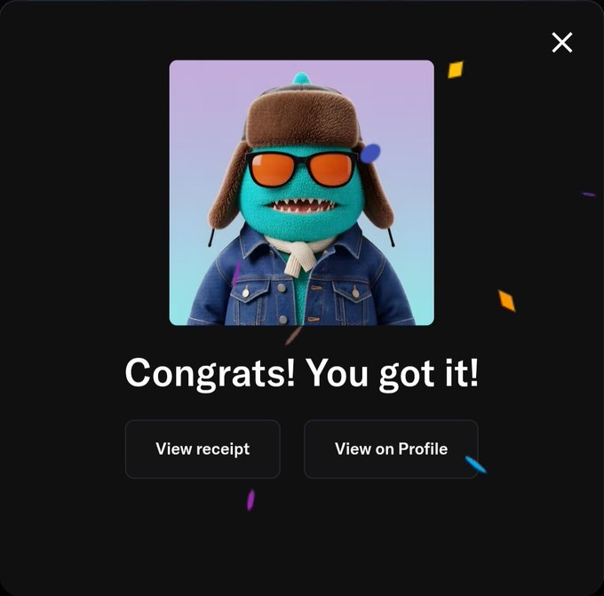 A digital pop-up screen displaying a blue monster character wearing a trapper hat and orange sunglasses, with the text 'Congrats! You got it!' and buttons for 'View receipt' and 'View on Profile'.