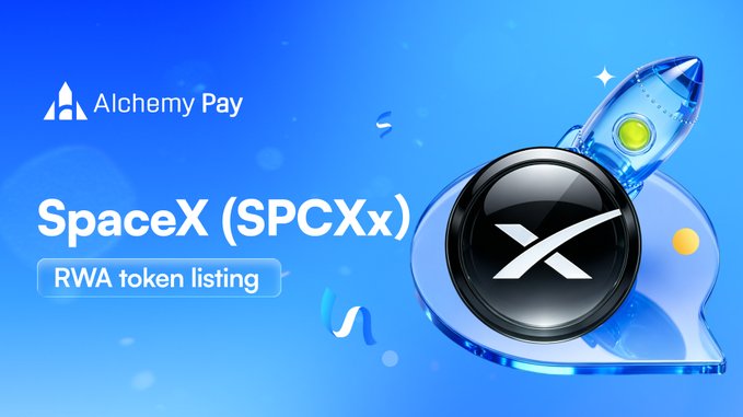 A promotional graphic for Alchemy Pay's RWA token listing features a stylized rocket orbiting a black sphere emblazoned with SpaceX's "X" logo, set against a blue gradient background. The text reads "SpaceX (SPCXx)" and "RWA token listing," announcing the new tokenized SpaceX equity offering that allows users to purchase fractional shares using fiat currency.