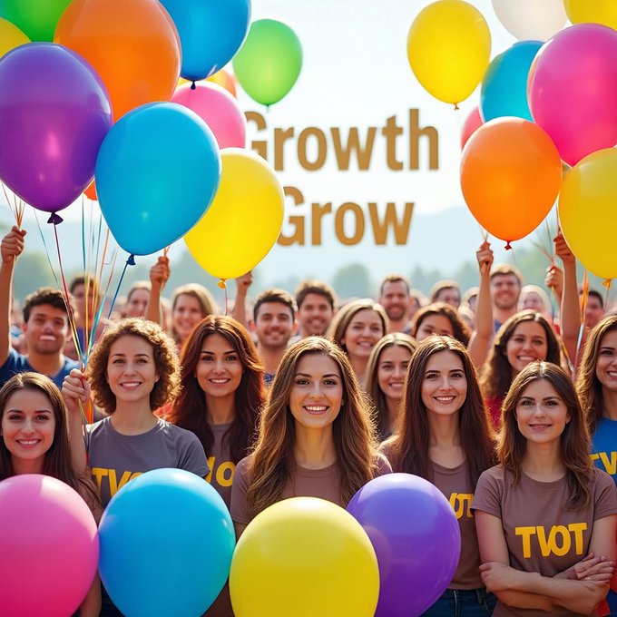 A cheerful group of people wearing "TVOT" shirts pose together outdoors, surrounded by many colorful balloons and a banner that reads "Growth Grow".