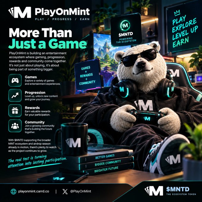 A promotional graphic for 'PlayOnMint' and the '$MNTD' token features a bear mascot with sunglasses and headphones holding a game controller, with the text 'More Than Just a Game' and listings for Games, Progression, Rewards, and Community.