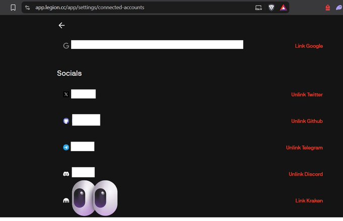 A dark-themed connected accounts settings page on app.legion.cc showing social platform linking options including Google, Twitter, Github, Telegram, Discord, and Kraken.