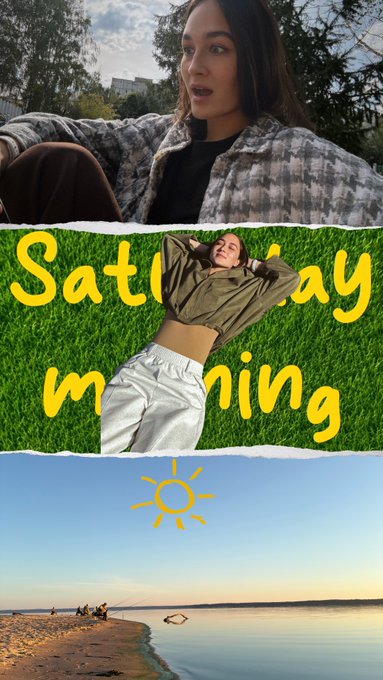 An Instagram story collage with three panels: a young woman in a plaid coat, a young woman lying on green grass with the text "Saturday morning" in yellow, and a beach scene at sunset with a yellow sun graphic.