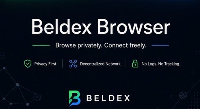 The image is a promotional graphic for "Beldex Browser" with the tagline "Browse privately. Connect freely." and highlights three key features: "Privacy First," "Decentralized Network," and "No Logs. No Tracking," alongside the Beldex logo. It visually reinforces the post's message by showcasing the browser's privacy-focused branding and emphasis on its integrated decentralized network (BelNet), eliminating the need for separate VPN apps.