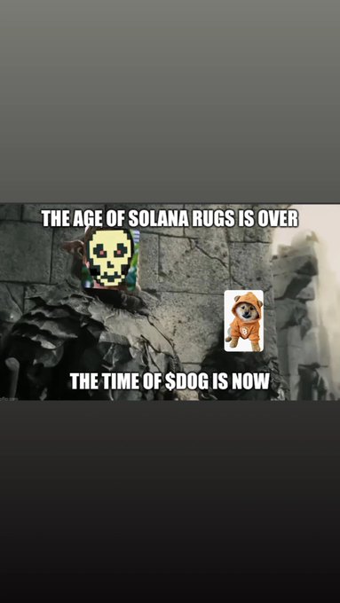 A meme with text 'THE AGE OF SOLANA RUGS IS OVER' and 'THE TIME OF $DOG IS NOW' featuring a pixel skull and a Shiba Inu dog in an orange hoodie.