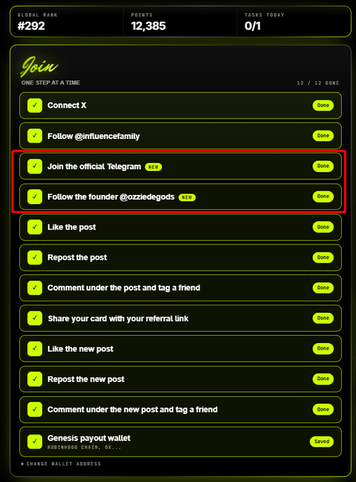 A 'Join' task interface showing Global Rank #292, 12,385 Points, and 12/12 DONE tasks completed, with a red box highlighting the 'Join the official Telegram' and 'Follow the founder @ozziedegods' tasks.