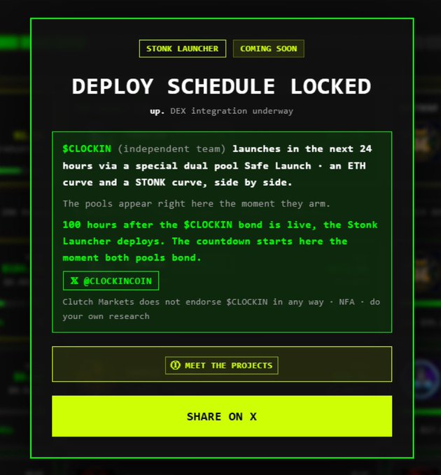 A dark-themed digital announcement titled "DEPLOY SCHEDULE LOCKED" with "STONK LAUNCHER" and "COMING SOON" buttons, detailing that "$CLOCKIN launches in the next 24 hours via a special dual pool Safe Launch" and featuring "X @CLOCKINCOIN" and a "SHARE ON X" button.
